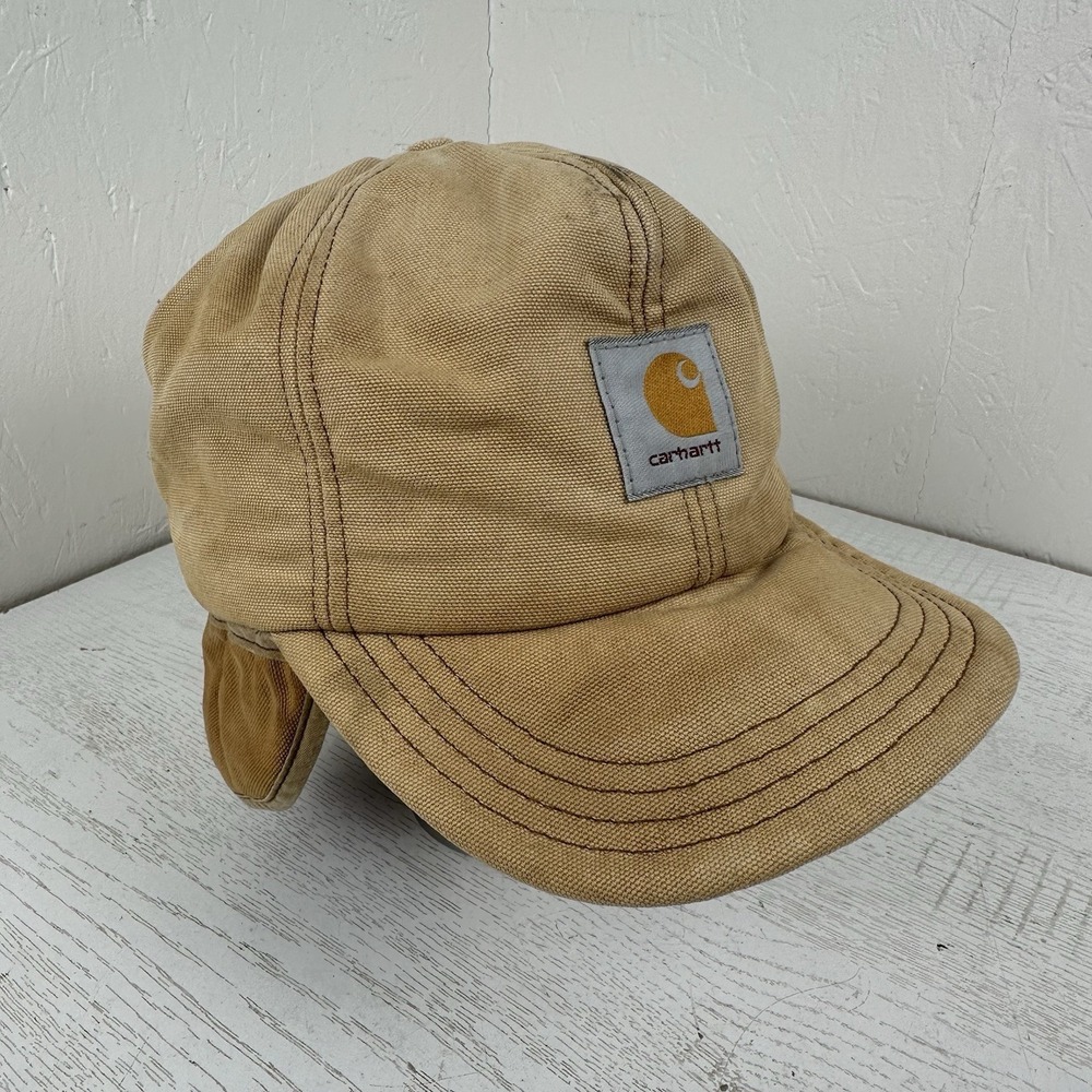 Vintage Carhart Canvas Ear Flap Hat Red Insulation Lining USA Tan Large Distress